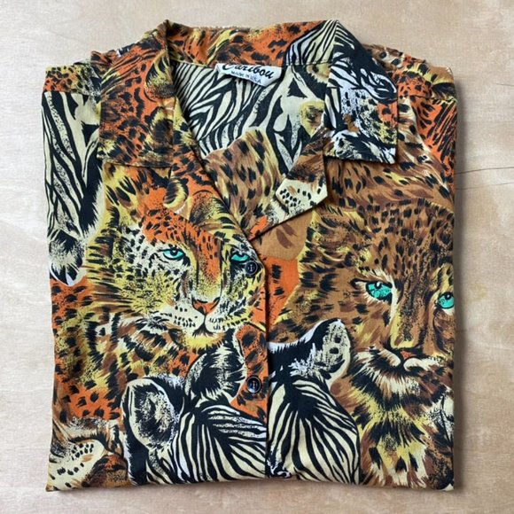 Vintage Y2K Animal Cheetah Leopard Zebra Print Collared Button Up Men's M - Picture 4 of 4